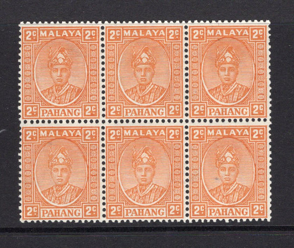 MALAYA - PAHANG - 1935 - UNISSUED & MULTIPLE: 2c orange 'Sultan Sir Abu Bakar' type PREPARED FOR USE BUT UNISSUED. A fine unmounted mint block of six. (See note below SG 46)  (MYA/40247)