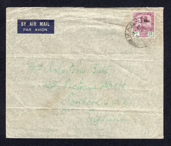 MALAYA - JOHORE - 1935 - CANCELLATION: Cover franked with 1922 25c dull purple & myrtle (SG 116) tied by fine MASAI cds. Sent airmail to UK with JOHORE BAHRU transit cds on reverse.  (MYA/626)