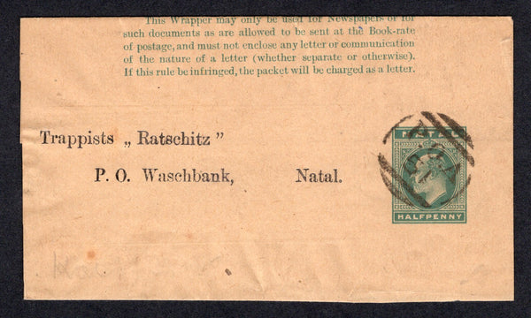 NATAL - Circa 1903 - POSTAL STATIONERY & CANCELLATION: ½d green on buff EVII postal stationery wrapper (H&G E3) used with fine strike of 'P.O.A. 51' barred cancel of MARIANNHILL. Addressed to WASCHBANK. Uncommon.  (NAT/21512)