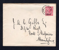 NATAL - 1895 - PROVISIONAL ISSUE & RATE: Apparently unsealed cover (but missing backflap) franked with single 1895 'HALF' on 1d rose QV issue (SG 125) tied by G.P.O. NATAL cds. Addressed to FORT NAPIER, PIETERMARITZBURG.  (NAT/21514)