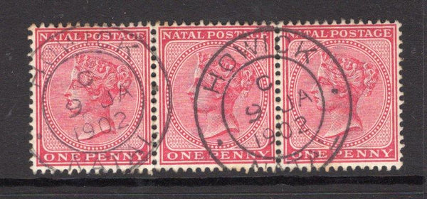 NATAL - 1882 - CANCELLATION: 1d carmine QV issue, a fine used strip of three with two fine strikes of HOWICK cds dated 9 JAN 1902. (SG 99a)  (NAT/24620)