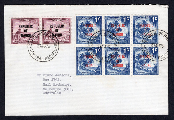 NAURU - 1973 - REPUBLIC ISSUE: Cover franked with 1968 block of six 1c deep blue and pair 2c brown purple 'REPUBLIC OF NAURU' overprint issue (SG 80/81) tied by multiple strikes of REPUBLIC OF NAURU CENTRAL PACIFIC cds dated 27 AUG 1973. Addressed to AUSTRALIA.  (NAU/39568)