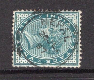 NEPAL - 1901 - INDIA USED IN NEPAL: ½a blue green QV issue of India used with superb central strike of NEPAL squared circle cds dated 20 JUL 1887. (SG 85)  (NEP/18851)