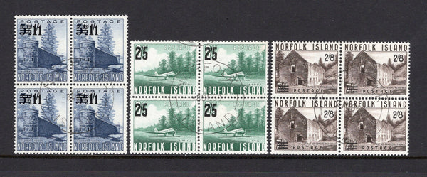 NORFOLK ISLAND - 1960 - MULTIPLE: 1/1d on 3½d deep ultramarine, 2/5d on 6½d bluish green and 2/8d on 7½d sepia 'Provisional' SURCHARGE issue, the set of three in fine cds used blocks of four. (SG 37/39)  (NFI/40700)