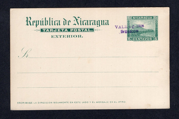 NICARAGUA - 1908 - POSTAL STATIONERY: 'VALE 4 C-1908 INTERIOR' on 5c green 'Momotombo' postal stationery card (H&G 70). A fine unused example.  (NIC/10205)