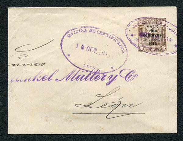 NICARAGUA - 1914 - TRAVELLING POST OFFICES & POSTAL STATIONERY: 'VALE dos centavos de cordoba 1913' on 10c brown postal stationery envelope (H&G B76) used with oval AGENCIA POSTAL AMBULANTE TREN No.2 cancel. Addressed to LEON with arrival mark also on front. Cover is trimmed by approx 2.5cm at left. Rare marking.  (NIC/10218)