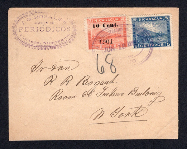 NICARAGUA - 1902 - PROVISIONAL ISSUES: Cover franked with 1901 10c on 2p orange red 'Momotombo' issue with '10 Cent 1901' overprint and 1902 5c blue LITHO 'Momotombo' issue (SG 168 & 185) tied by oval CORINTO cancel. Addressed to USA with arrival cds on reverse.  (NIC/10225)