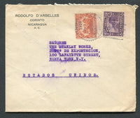 NICARAGUA - 1928 - PROVISIONAL ISSUE: Cover franked with 1928 1c violet and 2c on 4c vermilion both with 'Correos 1928' overprints in purple (SG 575 & 586) tied by CORINTO cds. Addressed to USA.  (NIC/10233)