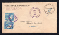 NICARAGUA - 1938 - OFFICIAL MAIL: Headed 'Banco Nacional de Nicaragua' cover sent from GRANADA with cds dated SEPT 13 1938 with 'Banco Nacional de Nicaragua Correspondencia Oficial' cachet alongside with official 'Signature' franked in transit in CORINTO with pair 1933 3c light blue with 'OFICIAL' overprint and blue 'Signature' overprint (SG O816) tied by CORINTO cds dated NOV 13 1938. Addressed to GERMANY.  (NIC/10256)