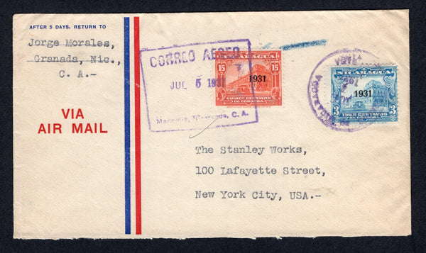 NICARAGUA - 1931 - EARTHQUAKE PROVISIONALS & AIRMAIL: Airmail cover franked with 1931 3c light blue with '1931' overprint tied by GRANADA cds dated JUL 4 1931 and additional 15c vermilion with '1931' overprint applied in MANAGUA cancelled by boxed CORREO AEREO MANAGUA cancel dated JUL 5 1931 (SG 659 & 662). Addressed to USA. In the aftermath of the March earthquake all airmail stamps were recalled to Managua. Airmail letters were sent with payment from the originating P.O. to Managua where they were franke