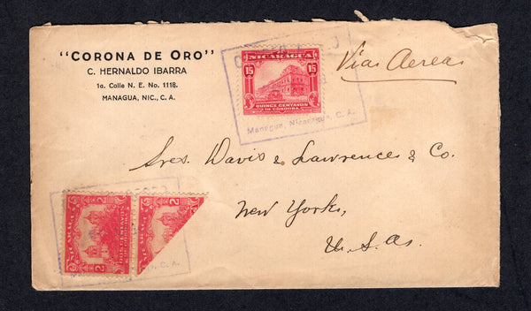 NICARAGUA - 1931 - EARTHQUAKE PROVISIONALS & BISECT: Cover franked with pair 1922 2c carmine red one BISECTED diagonally plus 1928 15c carmine (SG 467 & 599) all tied by boxed CORREO AEREO MANAGUA cancels dated MAY 27 1931. Addressed to USA.  (NIC/10267)