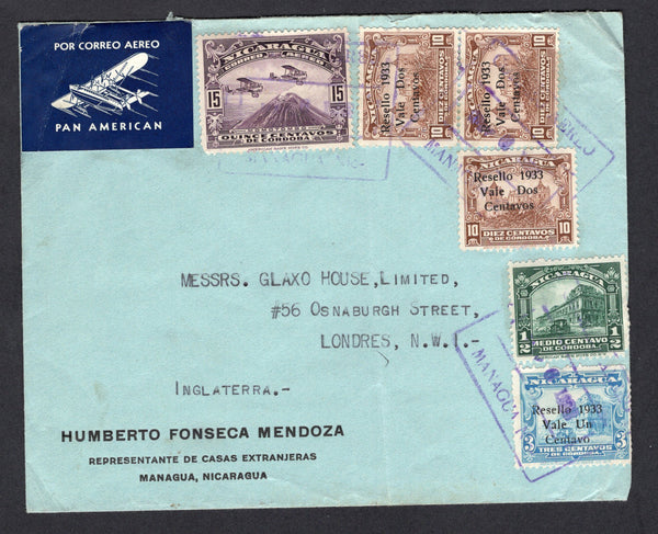 NICARAGUA - 1933 - AIRMAIL: Cover franked with 1922 ½c green, 1929 15c violet AIR issue & 1933 1c on 3c light blue and 3 x 2c on 10c chocolate (SG 465, 629, 749 & 751) all tied by boxed CORREO AEREO MANAGUA cancels. Addressed to UK with nice blue 'Flying Boat' airmail label inscribed 'POR CORREO AEREO PAN AMERICAN' at top left.  (NIC/10279)