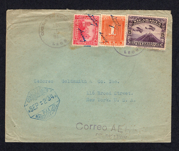 NICARAGUA - 1934 - AIRMAIL: Cover franked with 1933 2c carmine & 1c orange TAX issue both with blue 'Signature' overprint plus 1929 15c violet AIR issue (SG 779, 813 & 629) all tied by LEON cds's with 'Correo Aereo OF. DE LEON' marking alongside. Sent airmail to USA with octagonal CORREO AEREO DESPACHADA PAA MANAGUA dated transit mark on front.  (NIC/10282)