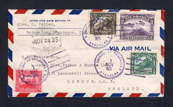 NICARAGUA - 1935 - AIRMAIL: Airmail cover franked with 1933 ½c green & 5c sepia with blue 'Signature' overprints, 1935 2c carmine with 'Resello 1935' overprint and 1929 15c violet AIR issue (SG 777, 782, 817 & 629) all tied by MATAGALPA cds's with octagonal CORREO AEREO DESPACHADA PAA MANAGUA dated transit mark on front. Addressed to UK with additional boxed MANAGUA transit mark on reverse.  (NIC/10284)