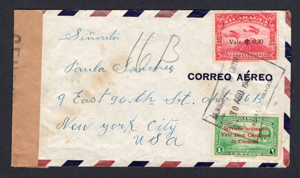 NICARAGUA - 1942 - CENSORSHIP: Airmail cover franked with 1937 30c on 50c carmine AIR issue and 1941 10c on 1c green (SG 931 & 1050) tied by boxed RIVAS cancel. Addressed to USA with plain brown 'CENSURADA' censor strip at left.  (NIC/10289)