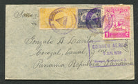 NICARAGUA - 1938 - CANCELLATION: Airmail cover franked with 1937 6c violet, 20c yellow and 1c magenta (SG 918, 977 & 995) tied by two fine strike of undated CORREO ORDINARIO CHINANDEGA 'Arms' cancel. Addressed to COROZAL, CANAL ZONE with boxed 'CORREO AEREO MANAGUA' transit marking on front. ANCON C.Z. transit cds on reverse.  (NIC/10293)