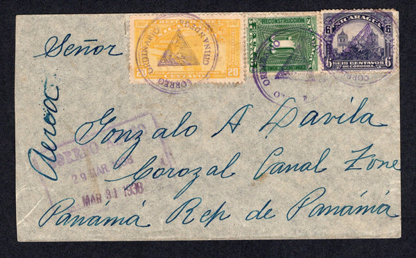 NICARAGUA - 1938 - CANCELLATION: Airmail cover franked with 1937 6c violet, 20c yellow and 1c green TAX issue  (SG 918, 977 & 925) tied by three fine strike of undated CORREO ORDINARIO CHINANDEGA 'Arms' cancel. Addressed to COROZAL, CANAL ZONE with boxed 'CORREO AEREO MANAGUA' transit marking on front. ANCON C.Z. transit cds on reverse.  (NIC/10294)