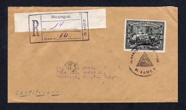 NICARAGUA - 1941 - CANCELLATION & REGISTRATION: Registered cover franked with single 1940 30c black (SG 1040) tied by good strike of undated CORREOS Y TELEGRAFOS EL SAUCE cancel with boxed EL SAUCE registration marking alongside. Addressed to USA with transit and arrival marks on reverse. Scarce.  (NIC/10295)