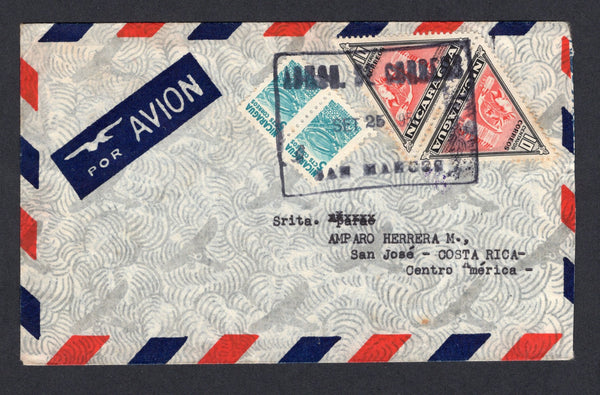 NICARAGUA - 1950 - CANCELLATION & DESTINATION: Airmail cover franked with 1947 pair 10c scarlet & black 'Triangular' issue and pair 1949 5c turquoise TAX issue (SG 1102 & 1146) tied by large boxed ADMON DE CORREOS SAN MARCOS cancel. Addressed to COSTA RICA with arrival marks on reverse.  (NIC/10301)