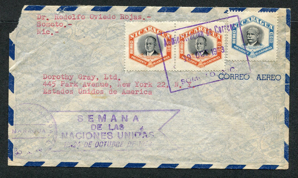 NICARAGUA - 1953 - CANCELLATION: Airmail cover franked with 1953 pair 5c black & orange and 25c black & blue (SG 1185 & 1187) tied by large boxed ADMINISTRACION DE CORREOS SOMOTO cancel. Addressed to USA with transit mark on reverse.  (NIC/10302)