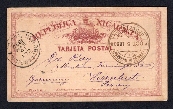 NICARAGUA - ZELAYA - 1890 - POSTAL STATIONERY: 2c red brown on buff postal stationery card (H&G 1) used with fine strike of CORREOS DE NICARAGUA BLUEFIELDS cds. Addressed to GERMANY with arrival cds on front.  (NIC/10309)