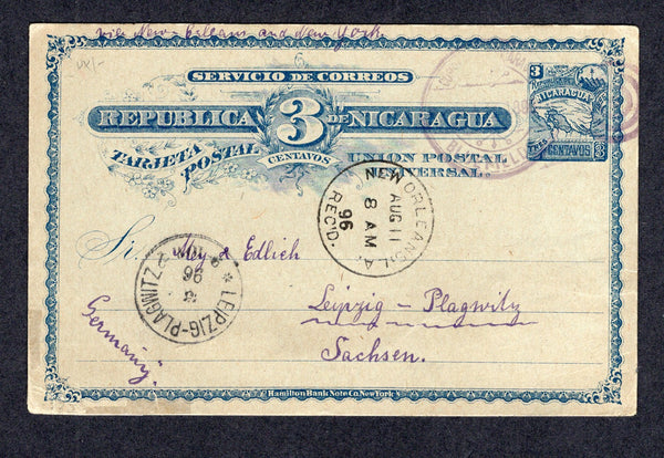 NICARAGUA - ZELAYA - 1896 - ORIGINATION: 3c blue on light blue 'Seebeck' postal stationery card (H&G 33) date lined on reverse 'Karata 22 Julio 1896' with message written in German is from a member of the Moravian Mission at Karata asking for a duplicate Bill for good purchased.' The card is cancelled with BLUEFIELDS 'Target' duplex cds dated AGO 2 1893 showing a 10 day transit time between leaving Karata and being put into the mails at Bluefields. The card is addressed to GERMANY with transit and arrival 