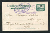 NICARAGUA - ZELAYA - 1905 - POSTAL STATIONERY: 5c green 'Momotombo' postal stationery card with 'B Dpto Zelaya' overprint in black (H&G M2) for use in the Coastal Provinces of Zelaya, used with fine oval BLUEFIELDS cancel in purple. Addressed to MANAGUA with oval arrival mark on front.  (NIC10315)