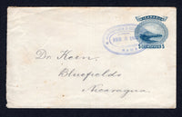 NICARAGUA - ZELAYA - 1902 - CANCELLATION: 5c blue 'Momotombo' postal stationery envelope (H&G B45) used with fine strike of oval RAMA cancel in purple. Addressed to 'Dr Keen' (Kuehn) at BLUEFIELDS with arrival mark on reverse.  (NIC/10321)
