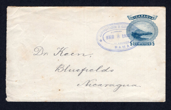 NICARAGUA - ZELAYA - 1902 - CANCELLATION: 5c blue 'Momotombo' postal stationery envelope (H&G B45) used with fine strike of oval RAMA cancel in purple. Addressed to 'Dr Keen' (Kuehn) at BLUEFIELDS with arrival mark on reverse.  (NIC/10321)