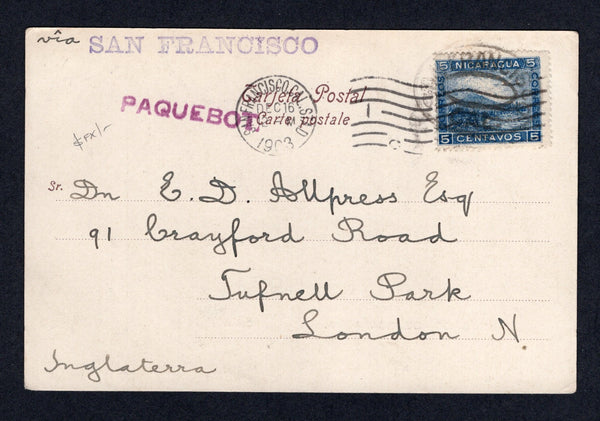 NICARAGUA - 1903 - MARITIME MAIL: Black & white PPC 'Recuerdos de Nicaragua, Corinto' franked with 1902 5c blue LITHO 'Momotombo' issue (SG 185) tied on arrival in USA with oval SAN FRANCISCO CAL marking and by additional arrival cds with straight line 'PAQUEBOT' marking alongside. Addressed to UK.  (NIC/10323)