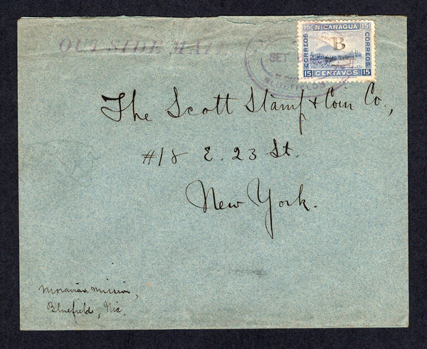 NICARAGUA - ZELAYA - 1904 - ZELAYA - INSTRUCTIONAL MARK: Cover with 'Moravian Mission, Bluefields, Nic' return address at lower left franked with 1904 15c deep blue 'Momotombo' TRAIN issue with 'B Dpto Zelaya' overprint in black (SG B5) tied by oval BLUEFIELDS cancel with good strike of straight line 'OUT SIDE MAIL' alongside. Addressed to USA with arrival marks on reverse. The 15c is scarce on cover.  (NIC/10325)
