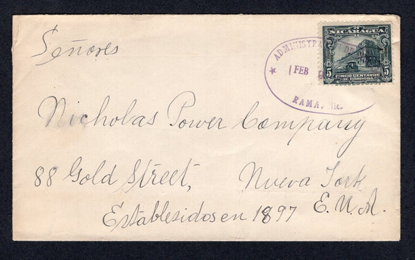 NICARAGUA - 1917 - ZELAYA - CANCELLATION: Cover franked with single 1914 5c slate (SG 399) tied by large oval ADMINISTRACION DE CORREOS RAMA NIC cancel in purple. Addressed to USA with arrival cds on reverse.  (NIC/10333)