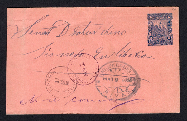 NICARAGUA - 1898 - POSTAL STATIONERY & DESTINATION: 5c blue on salmon 'Seebeck' postal stationery envelope (H&G B19) used with RIVAS cds dated 9 MAR. Addressed to LIBERIA, COSTA RICA with LIBERIA arrival cds dated 11 MAR on front. Unclaimed with manuscript 'No ce connu' and returned with second LIBERIA cds in purple dated 14 AUG and RIVAS arrival cds on reverse dated 16 AUG. Very unusual.  (NIC/14703)