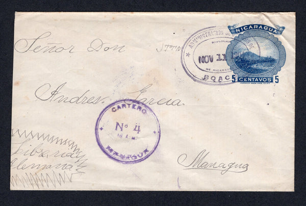 NICARAGUA - 1904 - CANCELLATION: 5c blue 'Momotombo' postal stationery envelope (H&G B45) used with superb strike of ADMINISTRACION DE CORREOS DE BOACO oval cancel dated NOV 11 1904. Addressed to MANAGUA with large circular CARTERO No. 4 - 10 A.M. MANAGUA marking on front and MANAGUA oval arrival mark on reverse. Trimmed approx 1cm at left but a rare origination.  (NIC/14706)