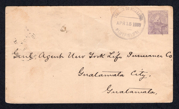 NICARAGUA - ZELAYA - 1898 - POSTAL STATIONERY & DESTINATION: 10c dull violet 'Seebeck' postal stationery envelope (H&G B41) used with BLUEFIELDS 'Star' duplex cancel. Addressed to GUATEMALA with transit and arrival marks on reverse.  (NIC/15721)