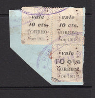 NICARAGUA - 1911 - RAILWAY COUPON ISSUE: 10c on 5c on 2c blue 'Railway Coupon' issue an irregular strip of three used on piece tied by CORINTO oval cancel dated NOV 18 1911. (SG 321)  (NIC/17211)