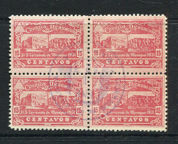 NICARAGUA - 1932 - MULTIPLE: 15c dull rose 'Fund for the G.P.O. Reconstruction following the Earthquake' issue, a fine used block of four. (SG 678)  (NIC/17362)