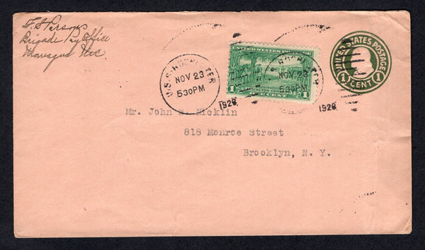 NICARAGUA - 1928 - US MARINES: USA 1c green on oriental buff postal stationery envelope (H&G B387) with manuscript 'F S Parsons, Brigade Pay Office, Managua, Nic' return address at top left used with added 1925 1c green (SG 621) tied by U.S.S. ROCHESTER duplex cancel dated NOV 23 1928. Addressed to USA.  (NIC/17456)