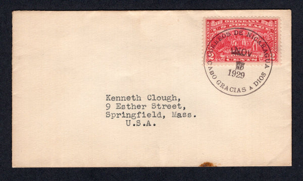 NICARAGUA - ZELAYA - 1929 - CANCELLATION: Cover franked with USA 1927 2c carmine rose 'Burgoyne Campaign' issue (SG 647) tied by fine strike of large CORREOS DE NICARAGUA CABO GRACIAS A DIOS cds in purple dated NOV 15 1929. Addressed to the USA. Probably US Marines associated. Unusual.  (NIC/17550)