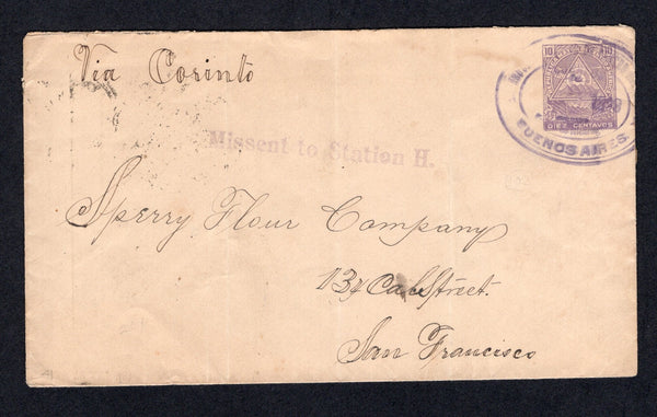 NICARAGUA - 1898 - CANCELLATION: 10c dull violet postal stationery envelope (H&G B41) used with good strike of oval AGENCIA POSTAL DE BUENOS AIRES oval cancel dated SEPT 1898. Addressed to USA with RIVAS, CORINTO & GRANADA oval transit marks and USA arrival cds's on reverse. Envelope has a couple of vertical creases but a very rare origination at this early date.  (NIC/19241)