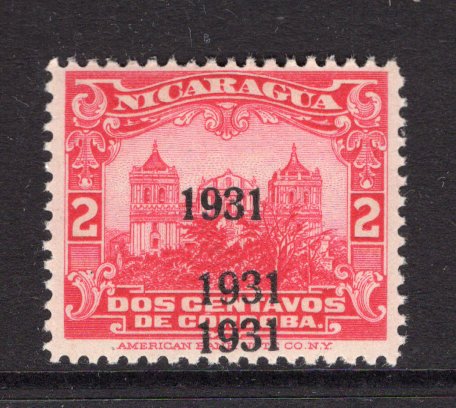 NICARAGUA - 1931 - VARIETY: 2c bright carmine 'Cathedral' issue with variety '1931' earthquake OPT TRIPLE. A fine mint copy. (SG 658 variety)  (NIC/23343)