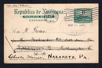 NICARAGUA - ZELAYA - 1912 - POSTAL STATIONERY & CANCELLATION: 5c green 'Momotombo' postal stationery card with 'B Dpto Zelaya' overprint in black (H&G M2) for use in the Coastal Provinces of Zelaya, used with oval EL BLUFF cancel in purple. Addressed to USA with arrival cds on front. Small tear & crease centre top but a very scarce origination.  (NIC/23453)