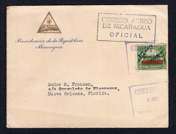 NICARAGUA - 1936 - OFFICIAL MAIL: Circa 1936. Official cover with ornate 'Presidencia de la Republica Managua' imprint at top left franked with 1935 20c green with 'Correo Aereo OFICIAL' and 'RESELLO 1935' overprints (SG O878B) tied by boxed CORREO AEREO MANAGUA cancel with boxed 'CORREO AEREO DE NICARAGUA OFICIAL cachet alongside. Addressed to USA. Backflap missing.  (NIC/23664)