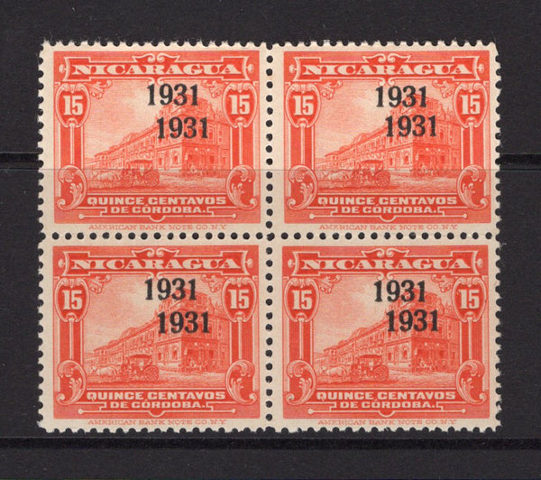 NICARAGUA - 1931 - EARTHQUAKE PROVISIONAL ISSUE: 15c vermilion 'National Palace' issue with variety '1931' OVERPRINT DOUBLE, a fine mint block of four. (SG 662b)  (NIC/24019)