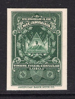 NICARAGUA - 1925 - REVENUE PROOF: Circa 1925. Green 'Timbre Fiscal Consular' IMPERF PLATE PROOF on thick card without value. Ex ABNCo. Archive.  (NIC/24699)