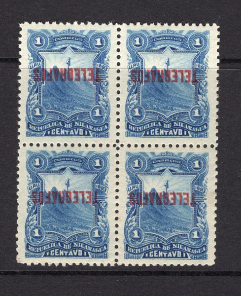 NICARAGUA - 1893 - TELEGRAPH & VARIETY: 1c blue 'Seebeck' issue overprinted TELEGRAFOS in red, a fine mint block of four with variety OVERPRINT INVERTED. (Barefoot #26b)  (NIC/24846)