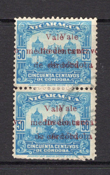 NICARAGUA - 1918 - VARIETY: ½c on 50c pale blue 'Provisional' issue with variety OVERPRINT DOUBLE, a fine used pair. (SG 411b)  (NIC/25064)