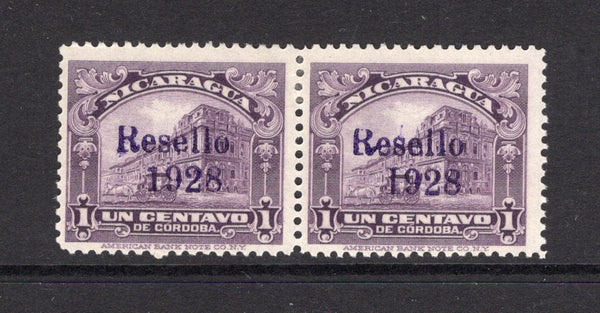 NICARAGUA - 1928 - VARIETY: 1c violet with 'Resello 1928' overprint in violet, a fine mint pair with variety 'I FOR 1 IN 1928' on right hand stamp. (SG 560 variety)  (NIC/25095)