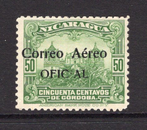 NICARAGUA - 1932 - VARIETY: 50c green 'Correo Aereo OFICIAL' overprint issue, a fine mint copy with variety 'MISSING 'I' IN OFICIAL'. (SG O691 variety)  (NIC/25105)