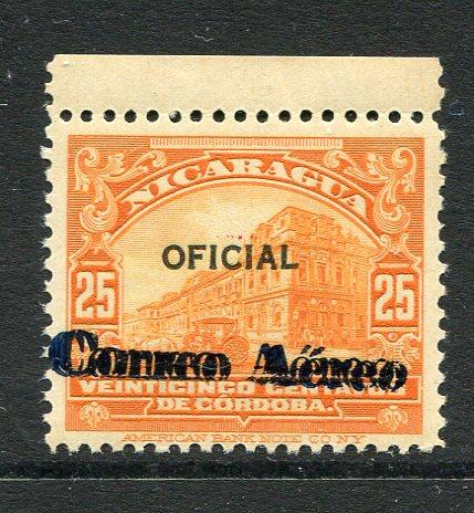 NICARAGUA - 1929 - VARIETY: 25c orange 'OFICIAL' overprint issue further overprinted 'Correo Aereo' in blue, a fine mint copy  with variety OVERPRINT TRIPLE. Scarce, only 100 were printed. (SG O618c)  (NIC/25111)